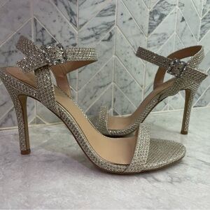 Jewel Badgley Mishka Heeled Sandals (NWOT)Size 8 Gold Glitter Prom Wedding